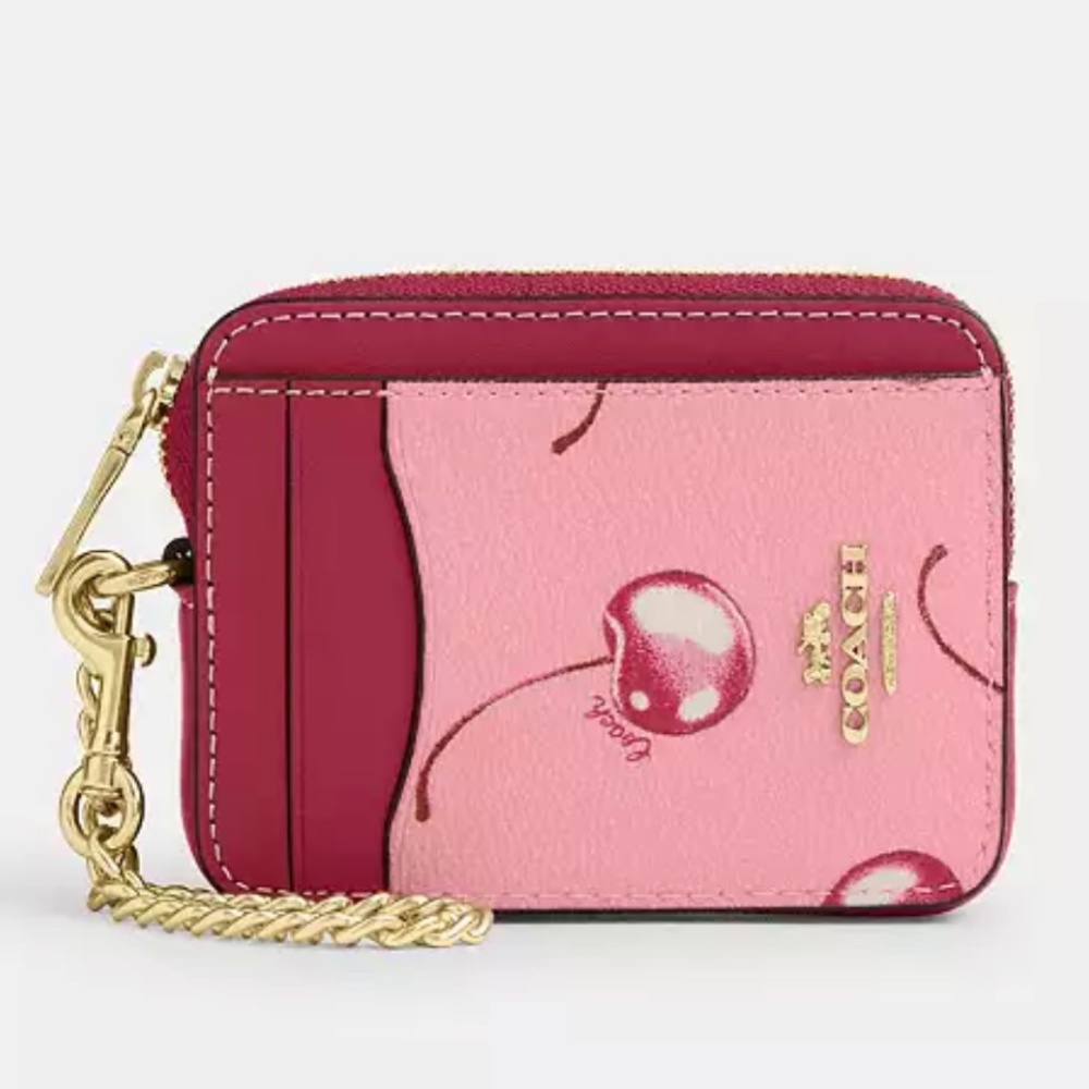 Coach Zip Card Case CR832 IM/FLOWER PINK/BRIGHT VIOLET Pink Cherry Print